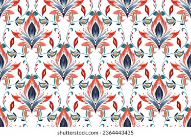 Patrón indio sin fisuras de la tribu Ikat. Alfombra de tela azteca étnica mandala adorno nado boho chevron nativo textil.Geométricas ilustraciones de vector oriental oriental de afroamericanos transdérmicos. Estilo bordado.