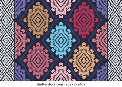 Ikat tribal Indian seamless pattern.Embroidery style. Ethnic Aztec fabric carpet mandala ornament native boho chevron textile.Geometric African American oriental tranditional vector illustrations.