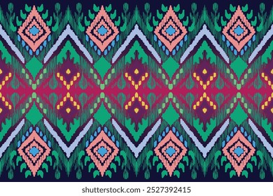 Ikat tribal Indian seamless pattern.Embroidery style. Ethnic Aztec fabric carpet mandala ornament native boho chevron textile.Geometric African American oriental tranditional vector illustrations.