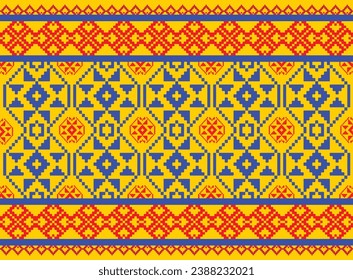 Ikat tribal pattern aztec art background yellow blue red abstract symbol ethnic folk embroidery geometric shape background wallpaper vector illustration print decorative design classical
​