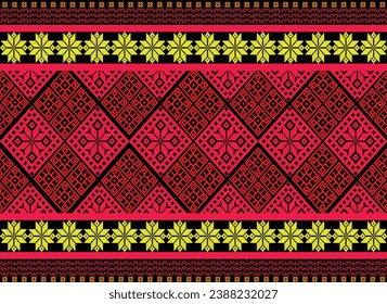 Ikat tribal pattern aztec art yellow red black abstract symbol ethnic folk embroidery geometric wallpaper background vector illustration print decorative design classical