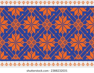 Ikat tribal pattern aztec art background orange blue abstract symbols ethnic folk embroidery geometric shapes background wallpaper vector illustration print decorative design classic