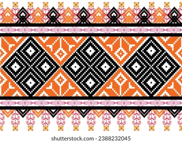 Ikat tribal pattern aztec art orange background abstract symbols ethnic folk embroidery geometric shapes background wallpaper vector illustration print decorative design classical