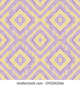 patrón tribal ikat en morado y amarillo. Patrón de diamante texturado moderno, papel de envoltura textil, diseño de papel pintado.