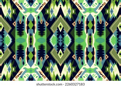 Ikat-Stamm nahtlose Muster, grüner und blauer Hintergrund. Abstrakte grafische Linie ethnische traditionellen Volkstribal moderne antike Stamm elegant elegante minimale Vintage Retro-Stil für Textur Gewebe