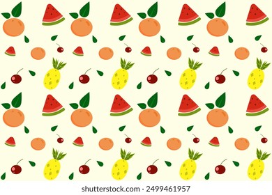 Ikat tropical fruit abstract vector hand drawn on beige background seamless pattern. Summer orange, watermelon, pineapple and red cherry with leaf design for wallpaper, fabric, background, ornament