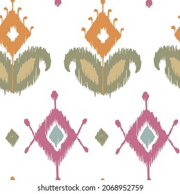 Ikat tye die boho vintage pattern seamless repeat vintage decor textile design organic hand made batik modern and trendy boho print orange blue green brown