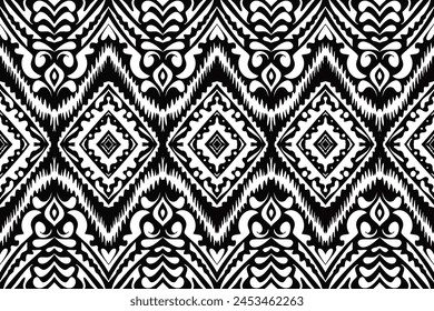 Ikat tye die boho motif vintage harmonieux décoration vintage répétitive et vintage motif textile design à la main bio fait batik moderne et tendance imprimé boho noir blanc, Image vectorielle  harmonieux pour l'impression.