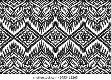 Ikat tye die boho motif vintage harmonieux décoration vintage répétitive et vintage motif textile design à la main bio fait batik moderne et tendance imprimé boho noir blanc, Image vectorielle  harmonieux pour l'impression.