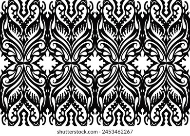 Ikat tye die boho motif vintage harmonieux décoration vintage répétitive et vintage motif textile design à la main bio fait batik moderne et tendance imprimé boho noir blanc, Image vectorielle  harmonieux pour l'impression.
