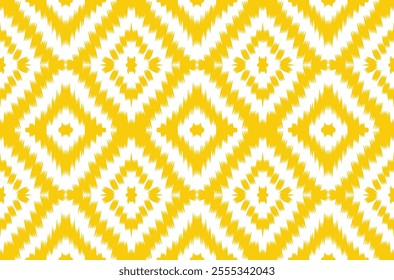 Ikat vector art illustration, geometric pattern in yellow and white tones. For backgrounds, design, textiles, fashion, decorations, carpets, pillowcases.