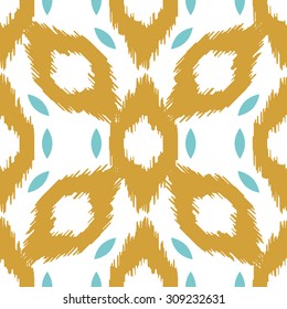 Ikat vector seamless pattern. Abstract geometric dijon yellow background for fabric, print or wrapping paper. Coral light and beige on white
