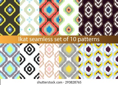 Ikat vector seamless pattern set. Abstract geometric background for fabric, print or wrapping paper. 10 paper collection