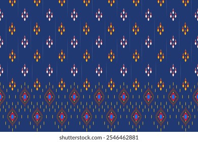 A Ikat vibrant blue pattern featuring colorful geometric shapes and designs, perfect for textiles or digital backgrounds