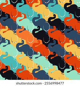 Ikat Vibrant Elephant seamless Pattern A Colorful and Repetitive Design Featuring Overlapping Silhouettes of Elephants