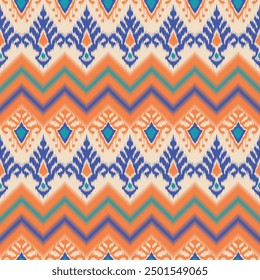 An ikat vibrant pattern featuring zigzag stripes and diamond shapes in bold orange, blue, and teal on a cream background. The design is dynamic and lively, with intricate details and a seamless.