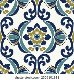 Ikat vintage abstract floral pattern. Vector ikat abstract floral seamless pattern classic style. Ikat watercolor floral pattern use for fabric, textile, home decoration elements, upholstery, etc.