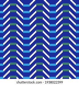 Patrón de tejido de ikat en azul, verde y blanco. Resumen del efecto zigzag.