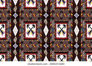 Ikat weaving techniques. Within these frames, crossed arrows symbolize direction, strength, and unity The earthy color palette, consisting of deep browns, reds, and muted tones,