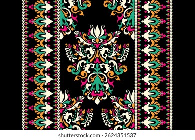 Ikat,padrão floral Ikat sobre fundo preto,padrão oriental étnico Ikat tradicional,padrão damasco,bordado desenhado à mão,vetor illustration.design para textura,tecido,roupas,decoração,impressão,cachecol
