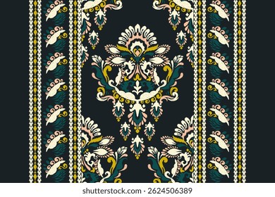 Ikat,Ikat floral pattern on black background,Ikat ethnic oriental pattern traditional,damask pattern,hand drawn embroidery,vector illustration.design for texture,fabric,clothing,decoration,print,scarf