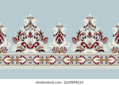 Ikat,Ikat floral pattern on blue background,Ikat ethnic oriental pattern traditional,damask pattern,hand drawn embroidery,vector illustration.design for texture,fabric,clothing,decoration,print,sari