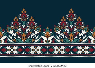 Ikat,Ikat floral pattern on blue background,Ikat ethnic oriental pattern traditional,damask pattern,hand drawn embroidery,vector illustration.design for texture,fabric,clothing,decoration,print,sari.