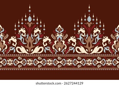 Ikat,Ikat floral pattern on brown background,Ikat ethnic oriental pattern traditional,damask pattern,hand drawn embroidery,vector illustration.design for texture,fabric,clothing,decoration,print,sari.