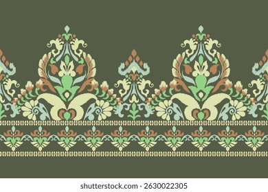 Ikat,Ikat floral pattern on green background,Ikat ethnic oriental pattern traditional,damask pattern,hand drawn embroidery,vector illustration.design for texture,fabric,clothing,decoration,print,sari