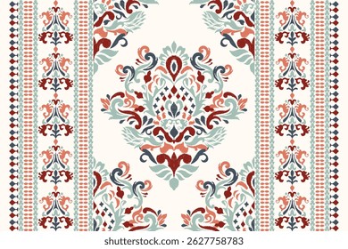 Ikat,Ikat floral pattern on white background,Ikat ethnic oriental pattern traditional,damask pattern,hand drawn embroidery,vector illustration.design for texture,fabric,clothing,decoration,print,rug