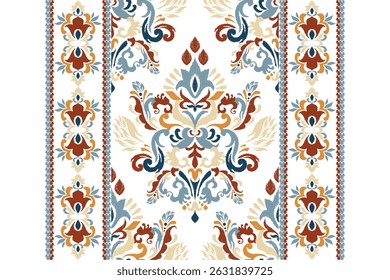 Ikat, Ikat patrón floral sobre fondo blanco, Ikat patrón oriental étnico tradicional, patrón de damasco, bordado dibujado a mano, Ilustración vectorial. diseño para textura, tela, ropa, decoración, impresión, sari