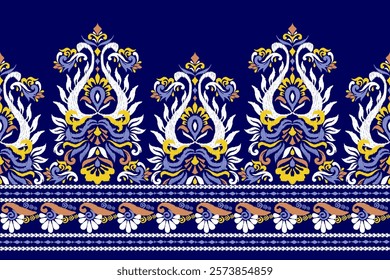 Ikat,Ikat floral pattern,Ikat pattern,vector illustration,hand drawn pattern on blue background,baroque style,abstract background,hand drawn embroidery.design for texture,fabric,clothing,decoration.