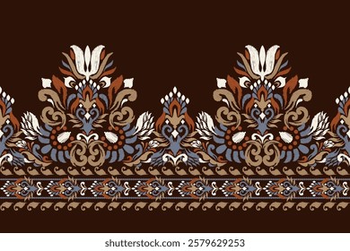 Ikat,Ikat pattern,Ikat floral pattern on brown background,vector illustration,baroque embroidery,hand drawn pattern,Aztec style,Italian silk.design for texture,fabric,clothing,decoration,sarong,print.