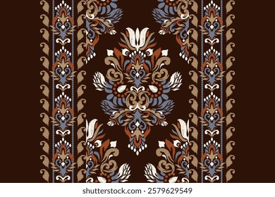 Ikat,Ikat pattern,Ikat floral pattern on brown background,vector illustration,baroque embroidery,hand drawn pattern,Aztec style,Italian silk.design for texture,fabric,clothing,decoration,sarong,carpet