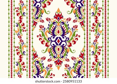 Ikat,Ikat pattern,Ikat floral pattern on white background,vector illustration,baroque embroidery,hand drawn pattern,Aztec style,Italian silk.design for texture,fabric,clothing,decoration,sarong,carpet