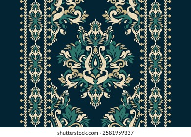 Ikat,Ikat pattern,Ikat floral pattern on blue background,vector illustration,baroque embroidery,hand drawn pattern,Aztec style,Italian silk.design for texture,fabric,clothing,decoration,sarong,carpet