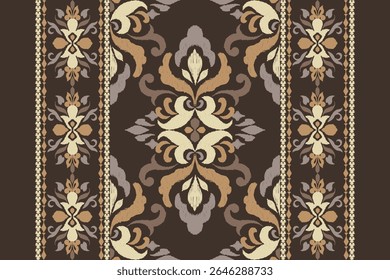 Ikat, patrón de Ikat, patrón floral de Ikat, Ilustración vectorial, bordado étnico oriental, bordado de damasco sobre fondo marrón, patrón de damasco. diseño para textura, tela, ropa, decoración, impresión, bufanda, sari