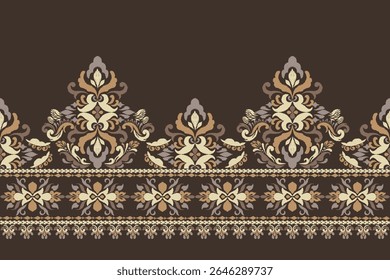 Ikat,Ikat pattern,Ikat floral pattern,Vector illustration,oriental ethnic embroidery,damask embroidery on brown background,damask pattern.design for texture,fabric,clothing,decoration,print,scaring.