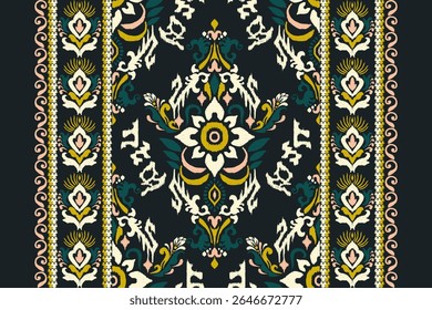 Ikat, patrón de Ikat, patrón floral de Ikat, Ilustración vectorial, bordado étnico oriental, bordado de damasco sobre fondo negro, patrón de damasco. diseño para textura, tela, ropa, decoración, impresión, bufanda, sari