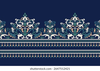 Ikat,Ikat pattern,Ikat floral pattern,Vector illustration,oriental ethnic embroidery,damask embroidery on blue background,damask pattern.design for texture,fabric,clothing,decoration,print,scaring
