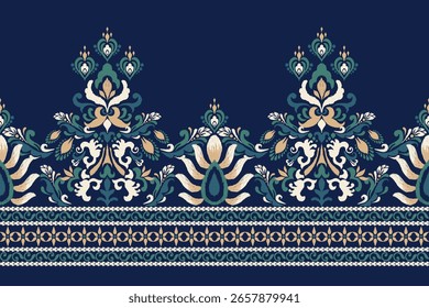 Ikat,Ikat pattern,Ikat floral pattern,Vector illustration,oriental ethnic embroidery,damask embroidery on blue background,damask pattern.design for texture,fabric,clothing,decoration,print,sarong