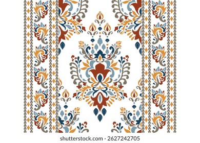 Ikat,Ikat pattern,modern Ikat floral pattern,damask floral embroidery on white background,vector illustration,Aztec style,baroque embroidery.design for textile,fabric,clothing,decoration,print,scarf