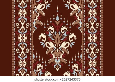 Ikat,Ikat pattern,modern Ikat floral pattern,damask floral embroidery on brown background,vector illustration,Aztec style,baroque embroidery.design for textile,fabric,clothing,decoration,print,scarf.