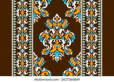 Ikat,Ikat pattern,modern Ikat floral pattern,damask floral embroidery on brown background,vector illustration,Aztec style,baroque embroidery.design for textile,fabric,clothing,decoration,print,scarf.