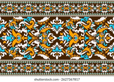 Ikat,Ikat pattern,modern Ikat floral pattern,damask floral embroidery on brown background,vector illustration,Aztec style,baroque embroidery.design for textile,fabric,clothing,decoration,print,scarf.