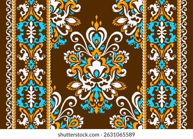 Ikat,Ikat pattern,modern Ikat floral pattern,damask floral embroidery on brown background,vector illustration,Aztec style,baroque embroidery.design for textile,fabric,clothing,decoration,print,scarf