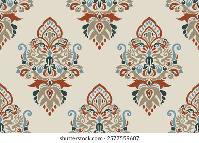 Ikat,Ikat seamless pattern,Ikat flower seamless pattern,vector illustration,damask flower seamless pattern,hand drawn background,baroque style.design for texture,fabric,clothing,decoration,print,tile