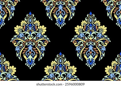 Ikat,Ikat seamless pattern,Ikat flower seamless pattern,vector illustration,damask flower seamless pattern,hand drawn background,baroque style.design for texture,fabric,clothing,decoration,print,tile.