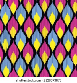 Ikat.Patrón sin foco de fondo geométrico.Diseño oriental.Borde étnico tribal.Estilo africano.Imagen para alfombra, edredón, chal.Saree.Vector.Ilustración.