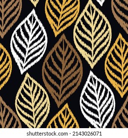 Ikat.Seamless pattern of leaf shape embroidery on black background.Abstract.Repeat.Image for carpet,quilt,shawl,pillow.Vector.Illustration